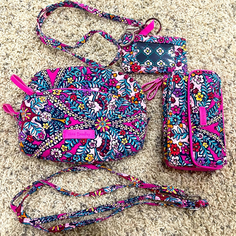vera bradley bundle, wallet, cosmetic bag, and lanyard